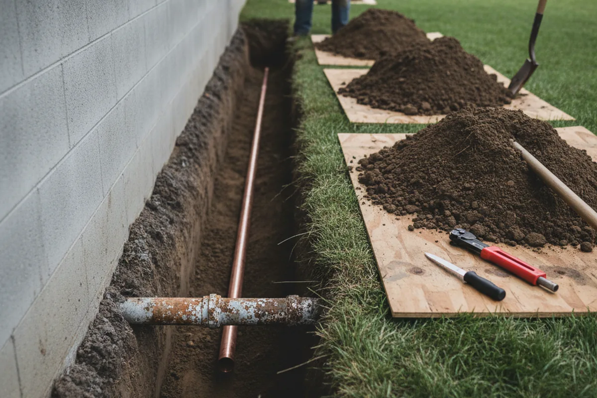 Excavated water line trench during Sewer Line Repair in Hamlin